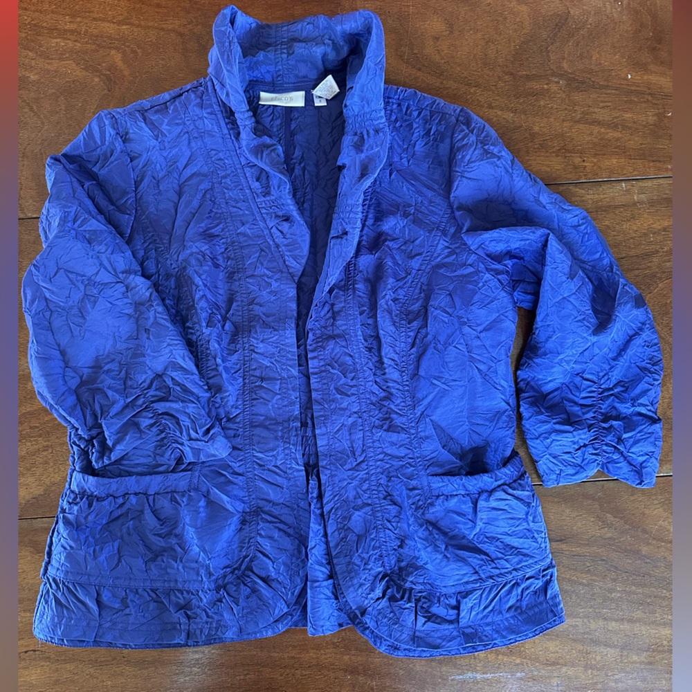 Chico’s Crinkled Lightweight Jacket Purple 3/4 Sleeve Utility Travel Coat Size 1